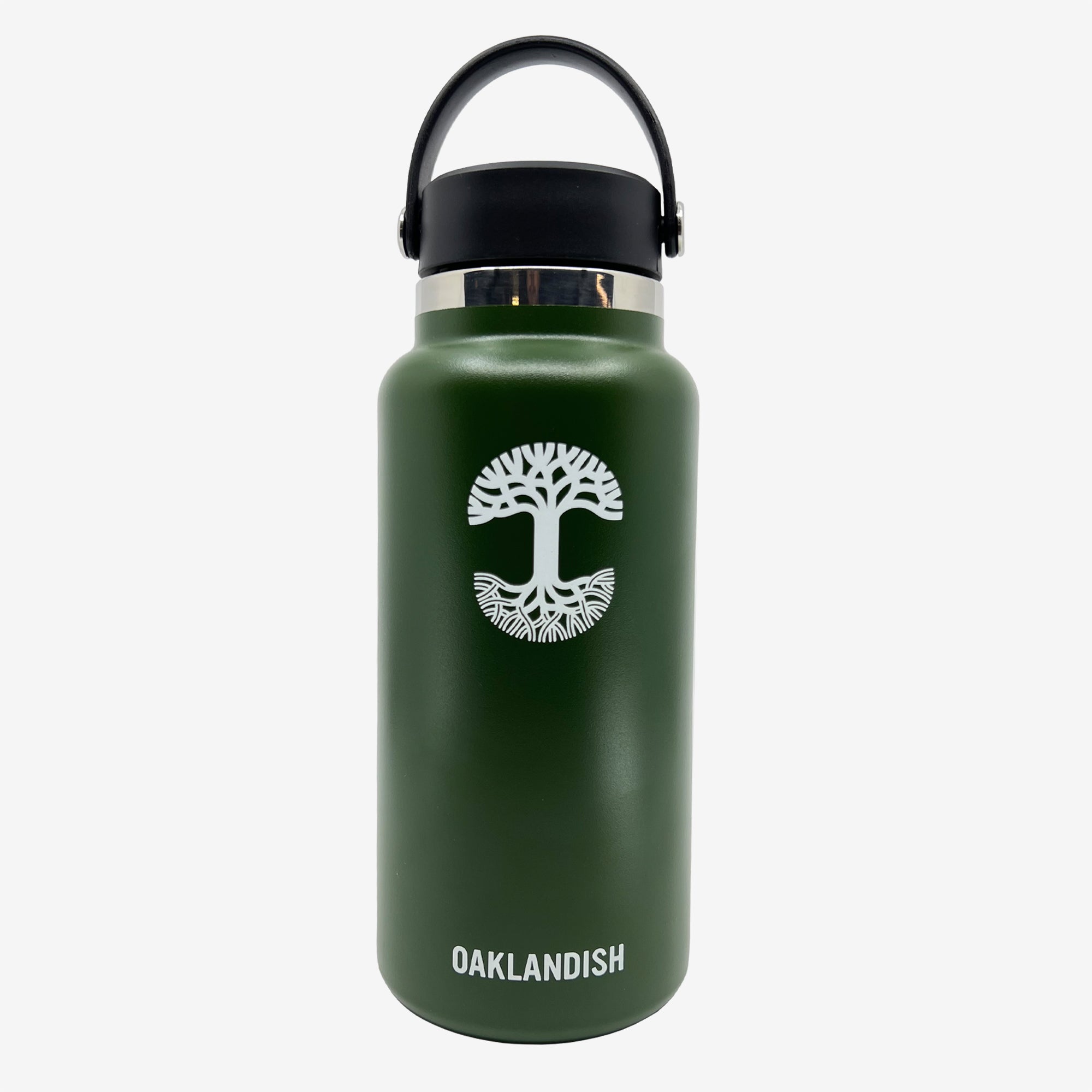 Green stainless steel 32 oz water canteen with white Oaklandish wordmark, logo, and black screw top lid.