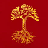 Close-up of gold dragon power design shaped like an Oaklandish tree logo on a red youth-sized t-shirt.