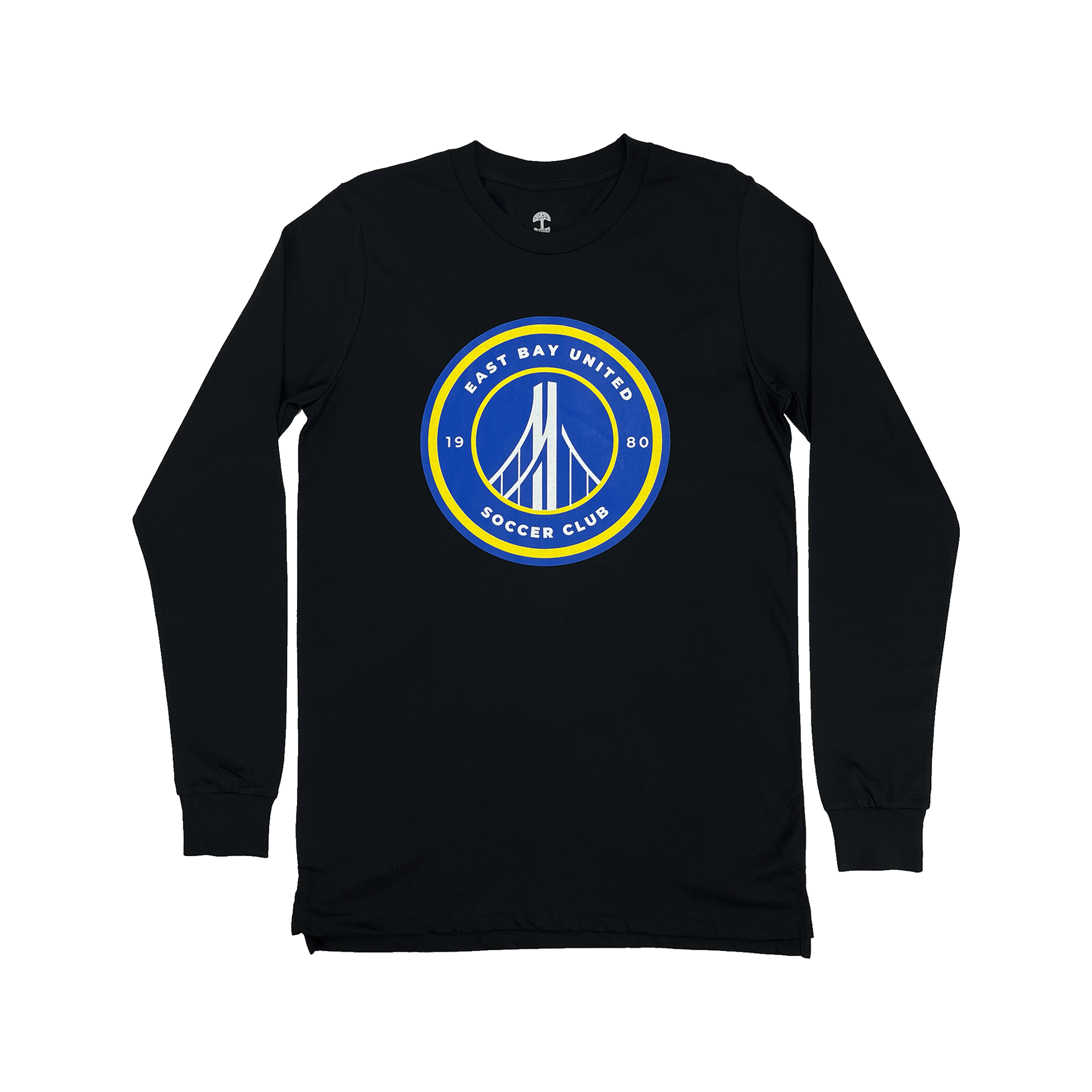 Front view of black long-sleeve t-shirt with round blue, white, and yellow East Bay United Soccer Club 1980 logo on the front chest.