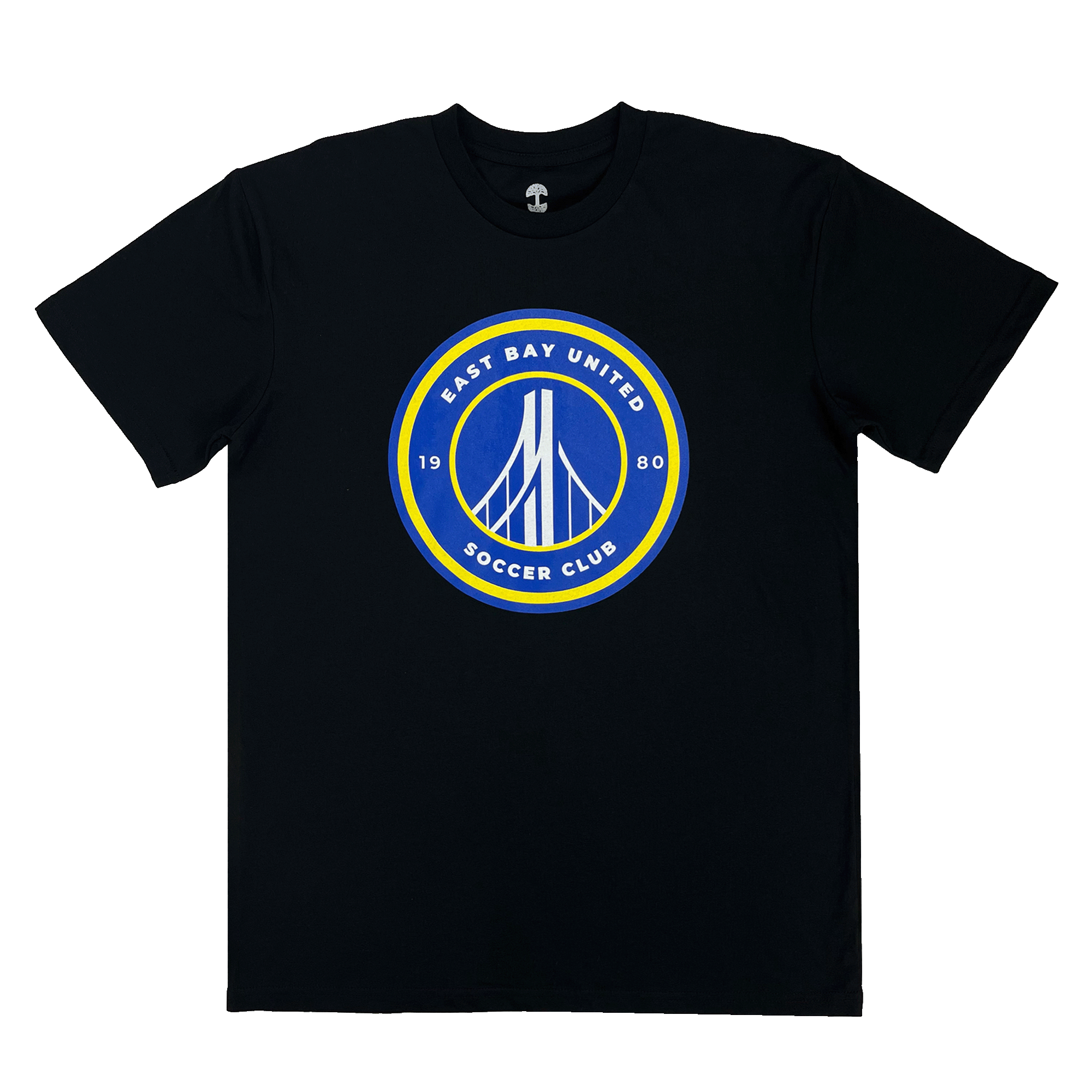 Front view of a black t-shirt with round blue, white, and yellow East Bay United Soccer Club 1980 logo on the front chest.