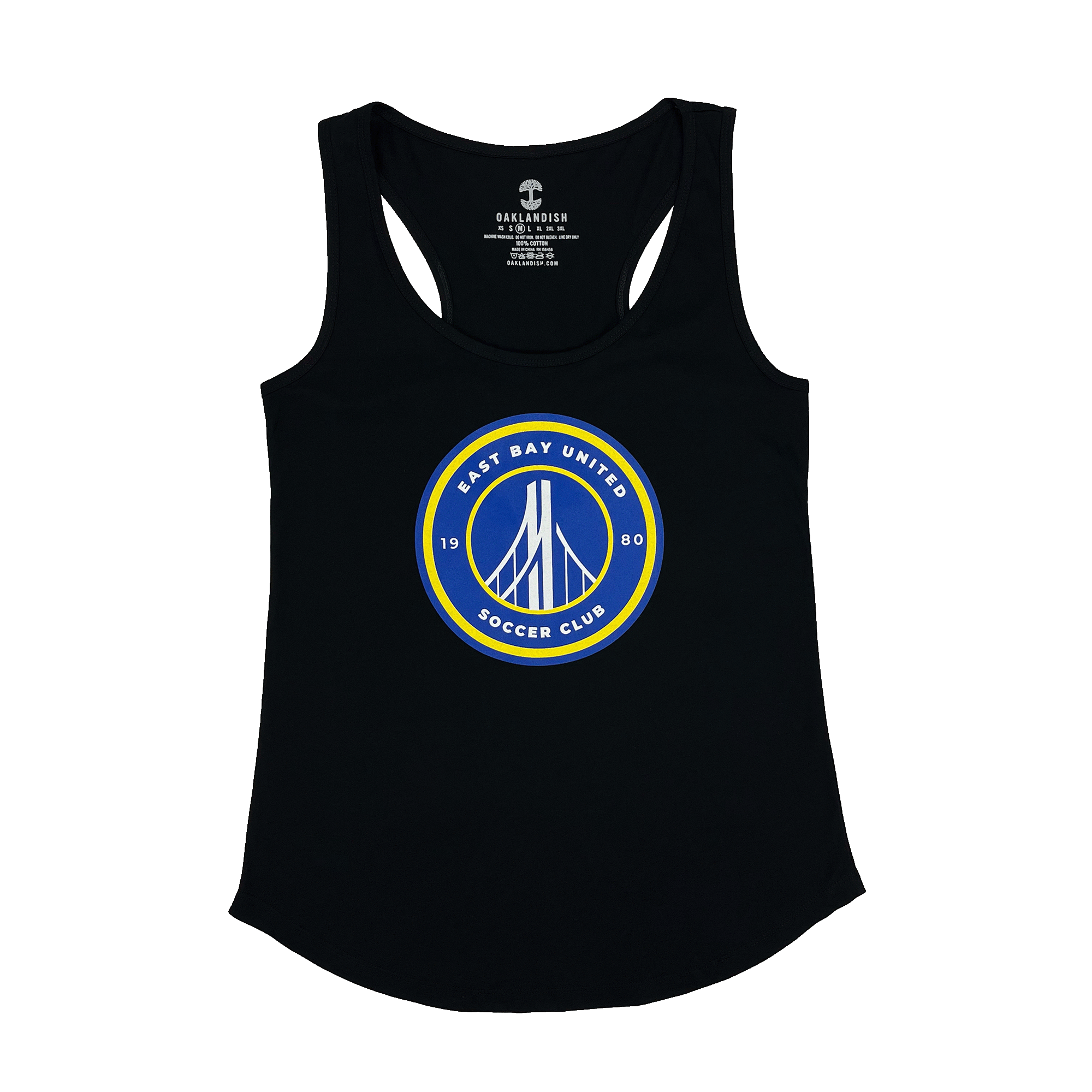 Front view of a black women’s tank top with round blue, white, and yellow East Bay United Soccer Club 1980 logo on the front chest.