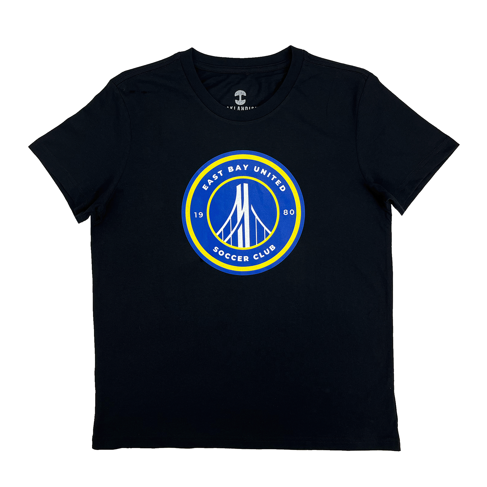 Front view of a black women’s t-shirt with round blue, white, and yellow East Bay United Soccer Club 1980 logo on the front chest.