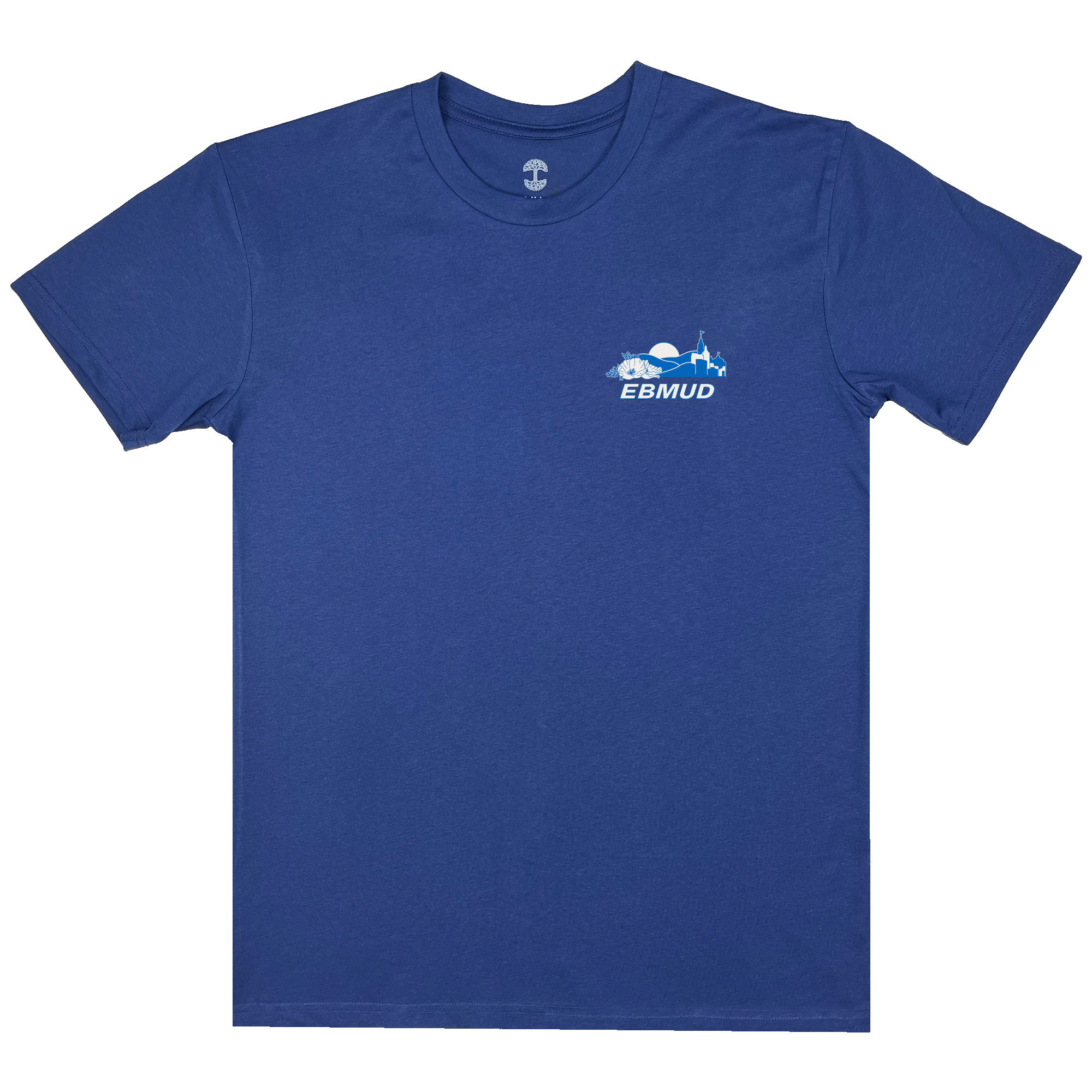 Front view of blue t-shirt with EBMUD wordmark and centennial celebration graphic on right chest wear side.