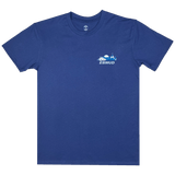 Front view of blue t-shirt with EBMUD wordmark and centennial celebration graphic on right chest wear side.