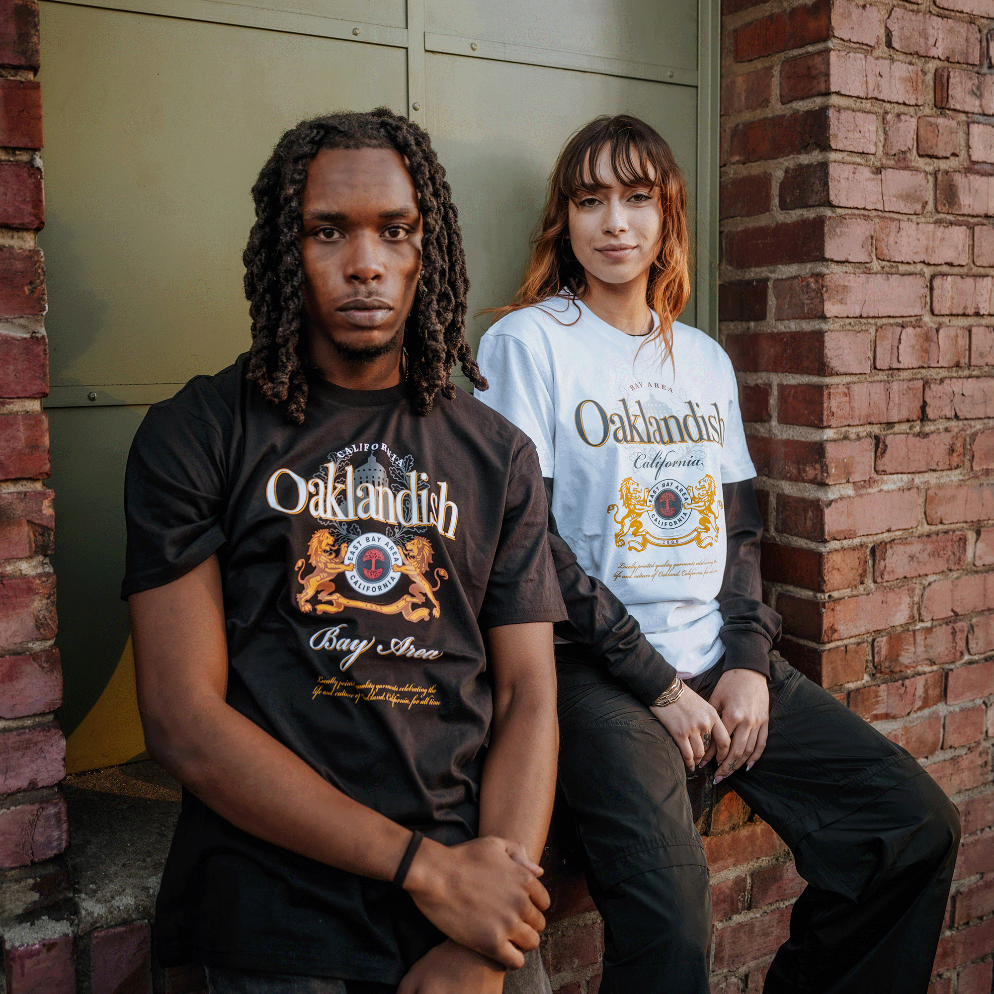 Male and female models wearing black and white Lager tee design.