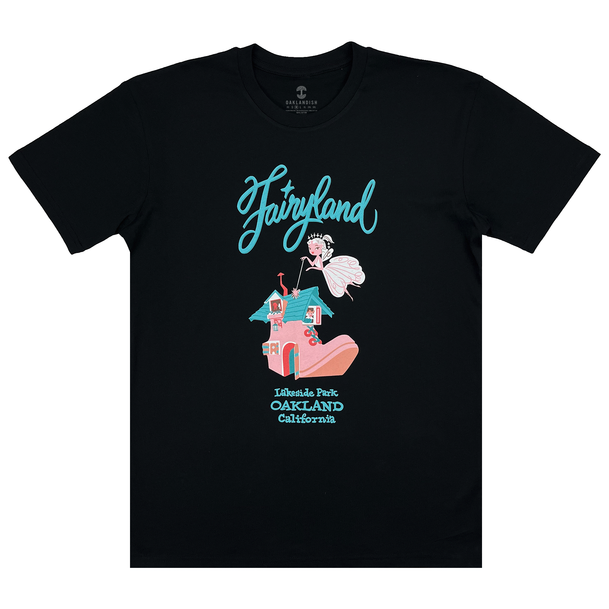 Black t-shirt with retro style blue and pink Oakland Fairyland graphic on the front center chest.