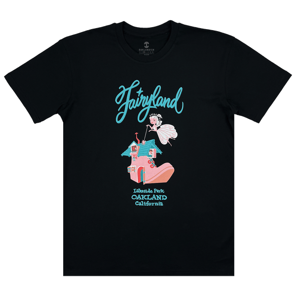 Black t-shirt with retro style blue and pink Oakland Fairyland graphic on the front center chest.