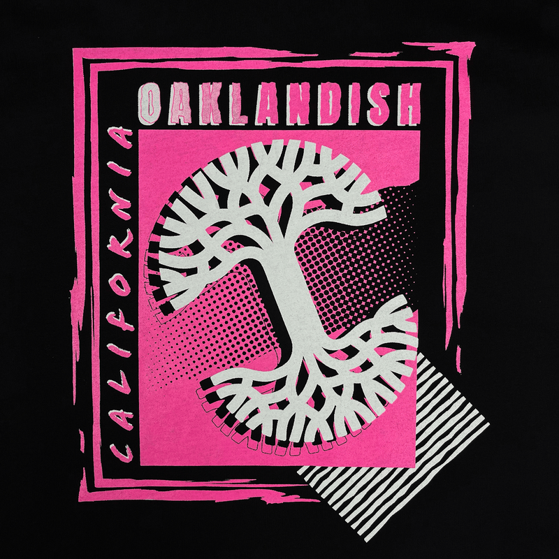 Close up of pink and white retro-inspired design with Oaklandish wordmark and logo on a black long-sleeve tee.