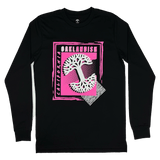 Black long sleeve t-shirt with pink and white retro-inspired design with Oaklandish wordmark and logo.