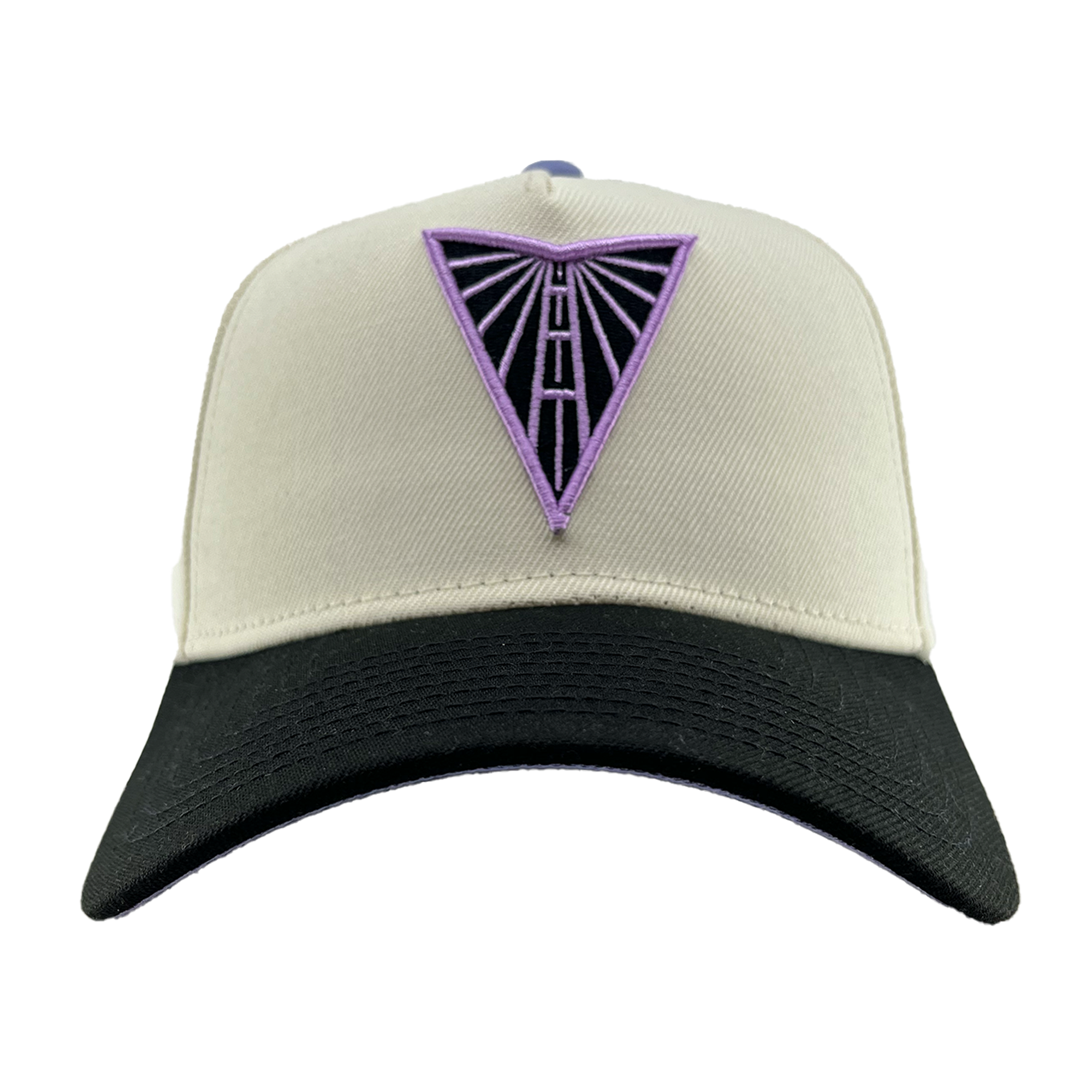 The GSV 9FORTY AF 2 Tone by GSV is a beige snapback baseball cap with a black curved brim. A purple triangle with black outline and geometric vertical lines is embroidered on the front. The adjustable hat is shown on a plain white background.