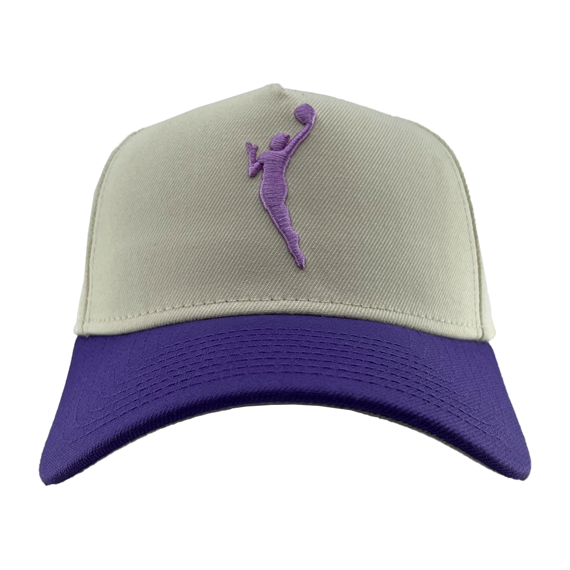 The GSV 9FORTY AF 2 Tone by GSV is a beige snapback with a purple brim and an embroidered purple basketball player silhouette on the front, offering standout style.