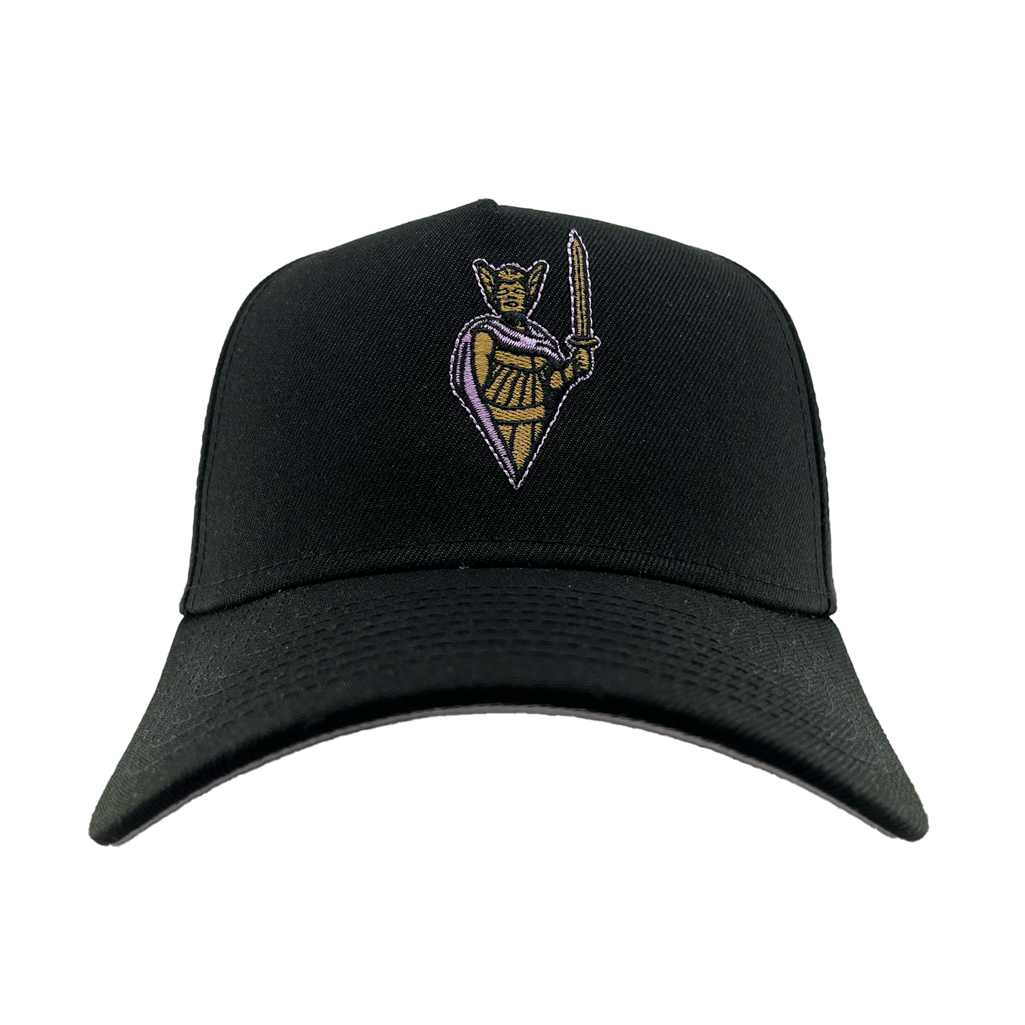 The GSV 9FORTY AF is a black adjustable cap by GSV, featuring an embroidered armored cat with a purple cape and golden sword centered on the front panel, shown against a plain white background.