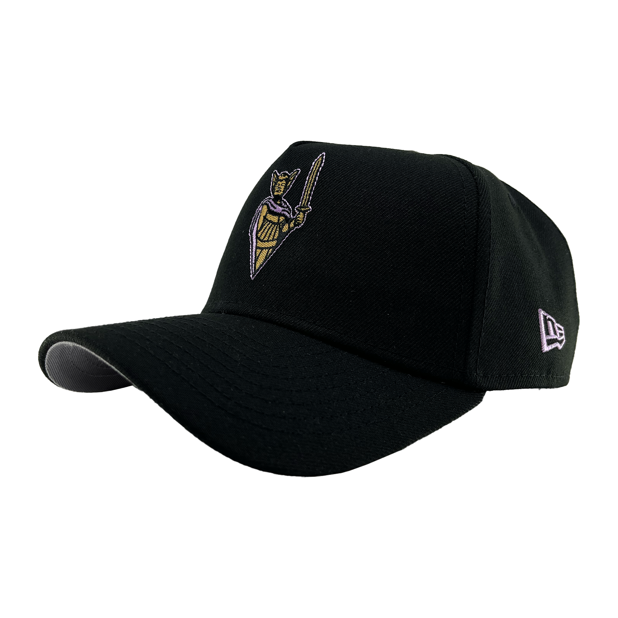 The GSV 9FORTY AF by GSV is a black baseball cap with a curved brim, featuring an embroidered yellow and purple Valkyries knight's helmet with a sword on the front, adjustable snapback, and white New Era logo. Displayed against white.