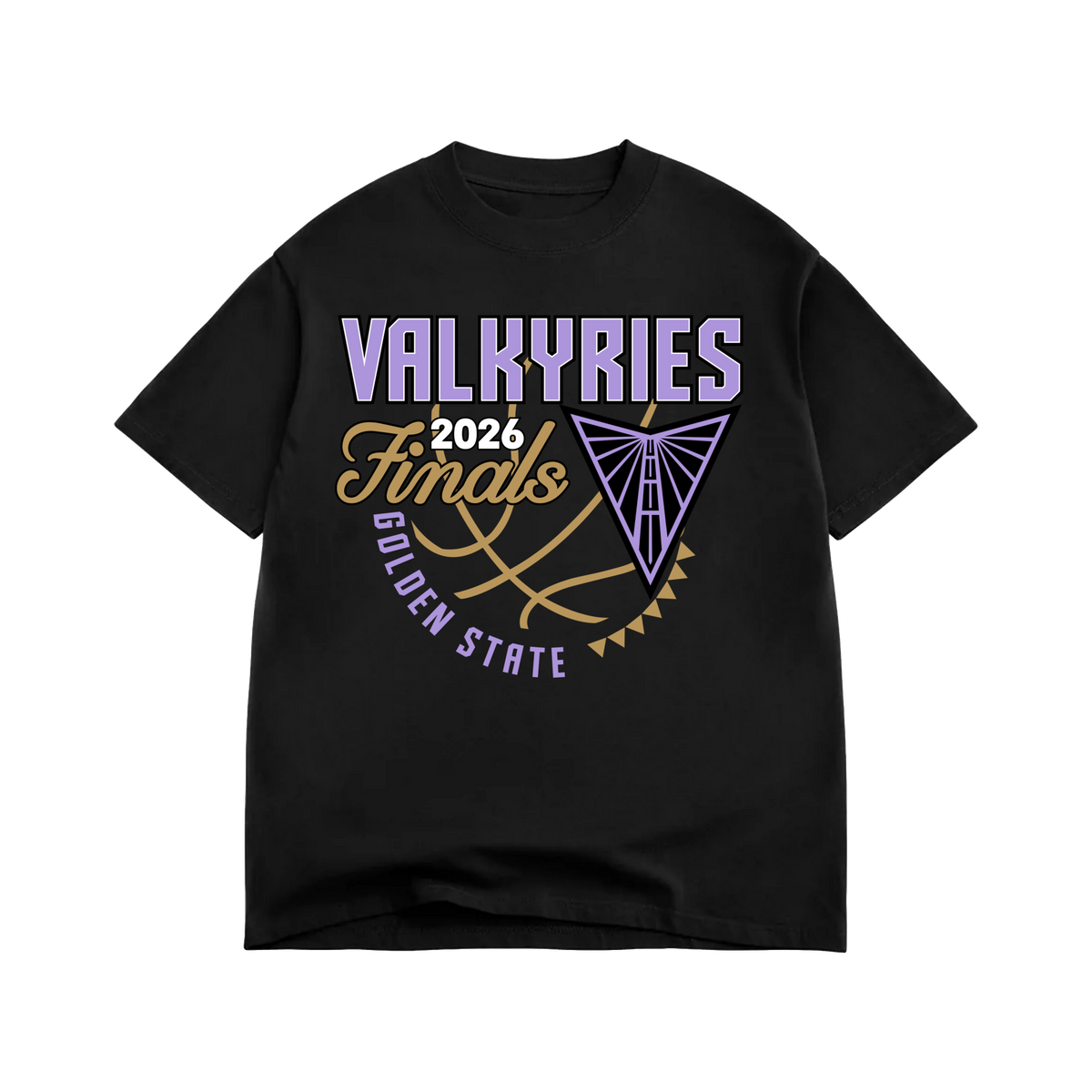 The GSV Golden Hour Tee is a classic fit black t-shirt featuring a light purple, gold, and white graphic print that displays “VALKYRIES” above “2026 Finals” and “GOLDEN STATE,” surrounding a golden basketball outline and a purple triangular bridge icon.