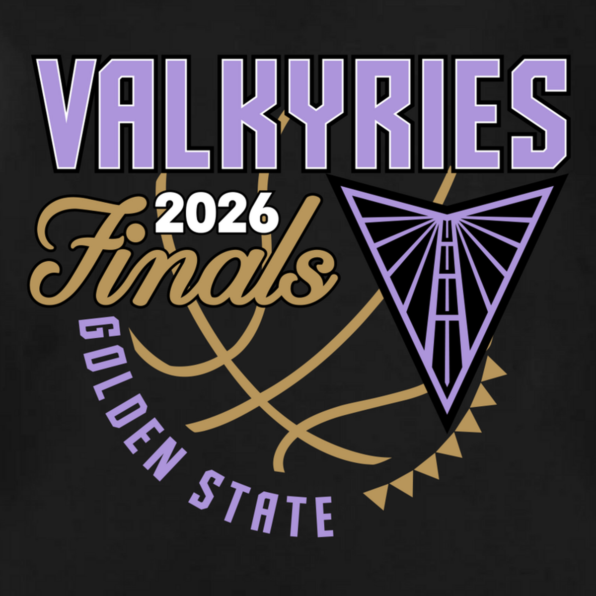 The GSV Golden Hour Tee is a black classic fit t-shirt featuring “VALKYRIES” in large lavender letters above “2026 Finals” in gold script, with a stylized lavender bridge, gold basketball outline, and “GOLDEN STATE” arched in lavender at the bottom.