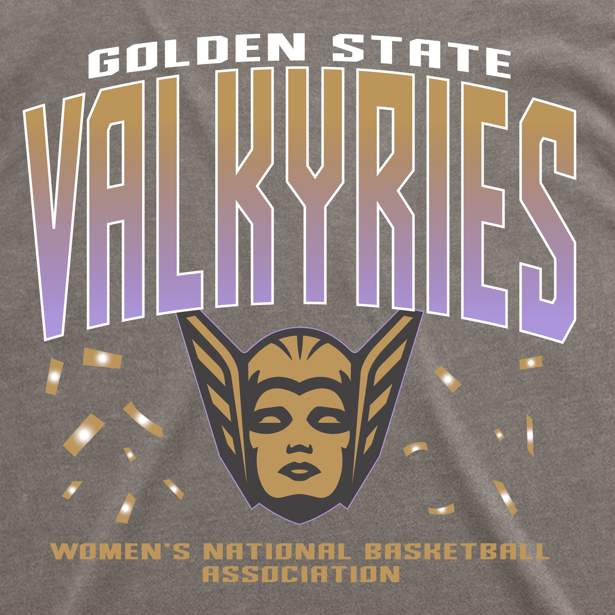 Introducing the GSV Women’s First Flight Tee by GSV, featuring the Golden State Valkyries logo for the Women’s National Basketball Association. This design showcases “VALKYRIES” in bold gradient lettering with confetti accents and a stylized female face sporting a helmet and wings, all set against a textured gray background. Perfect for making a statement on an oversized fit or women’s heavyweight tee.