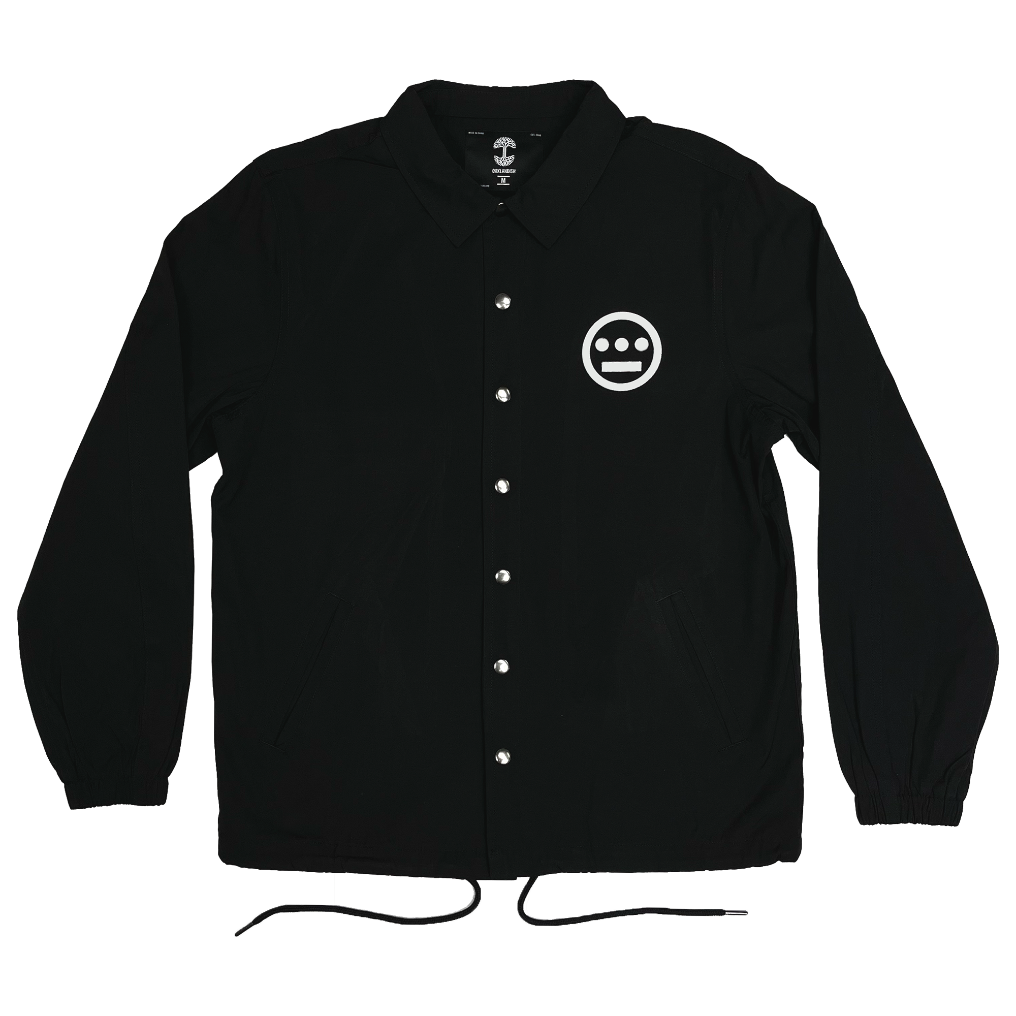 Black coaches jacket with snap closure, collar, and drawstring waist and Hiero logo printed in white on front left chest.