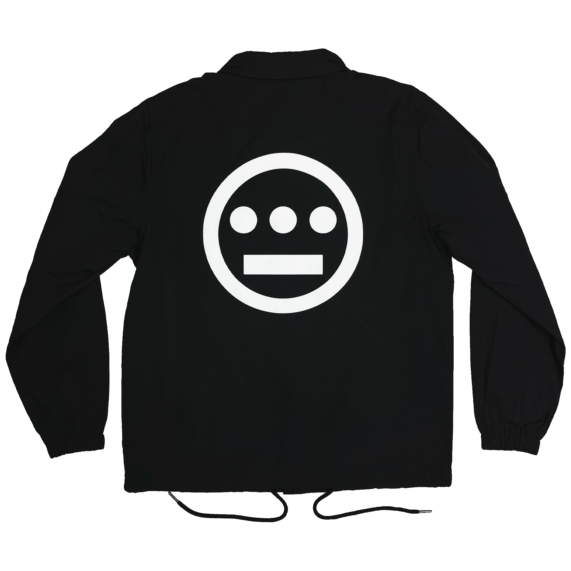 Back side of black coaches jacket with waist strings with Hiero logo printed in white ink.