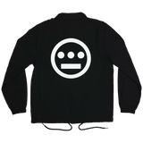 Back side of black coaches jacket with waist strings with Hiero logo printed in white ink.