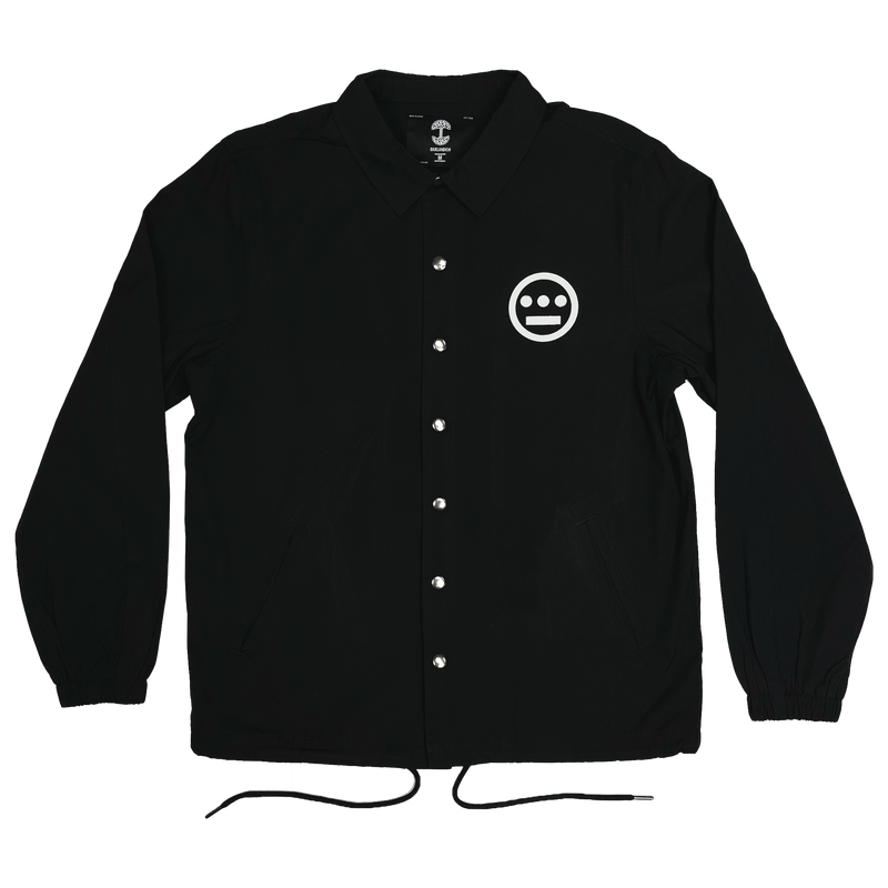 Black coaches jacket with snap closure, collar, and drawstring waist and Hiero logo printed in white on front left chest.