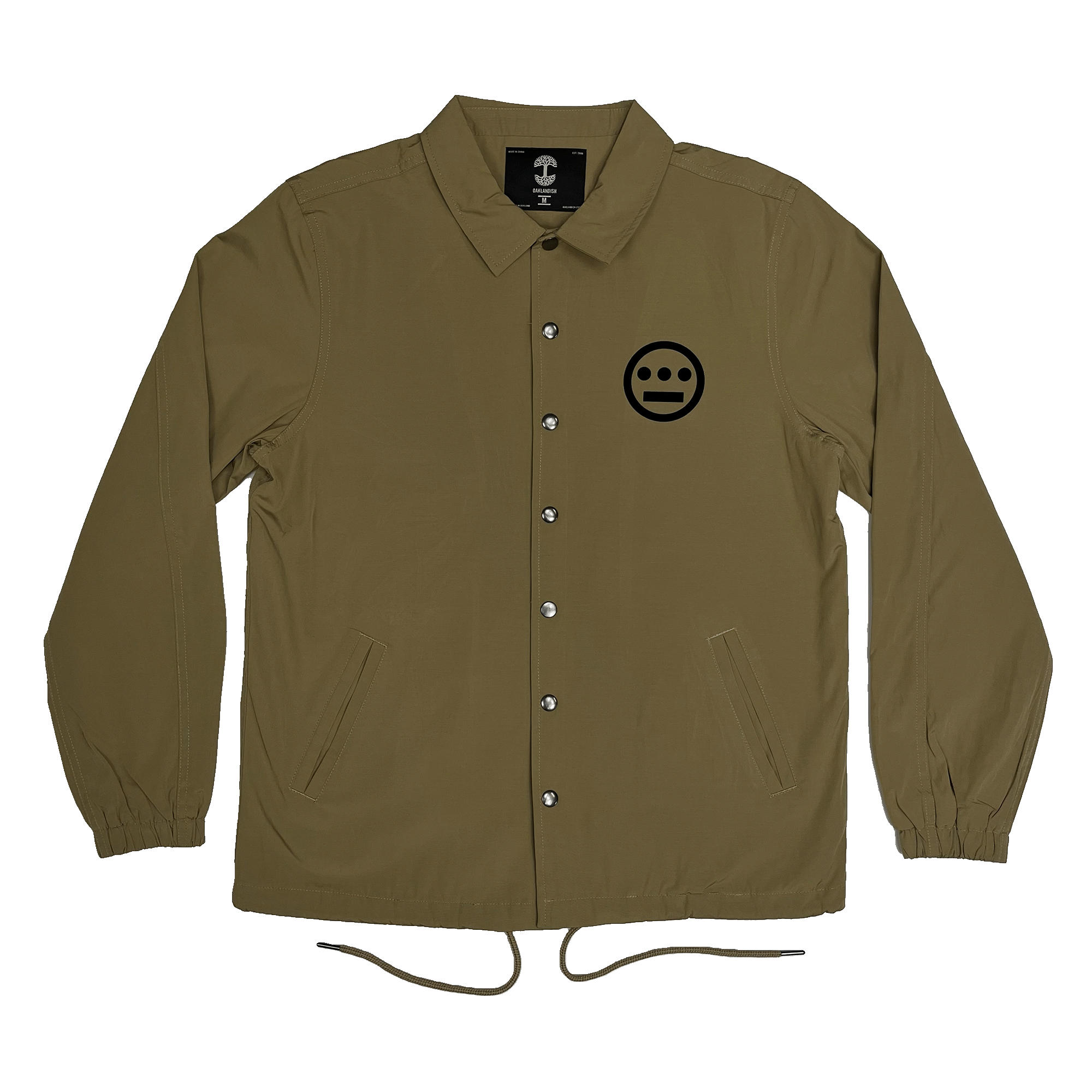 Khaki coaches jacket with snap closure, collar, and drawstring waist and Hiero logo printed in black ink on front left chest.