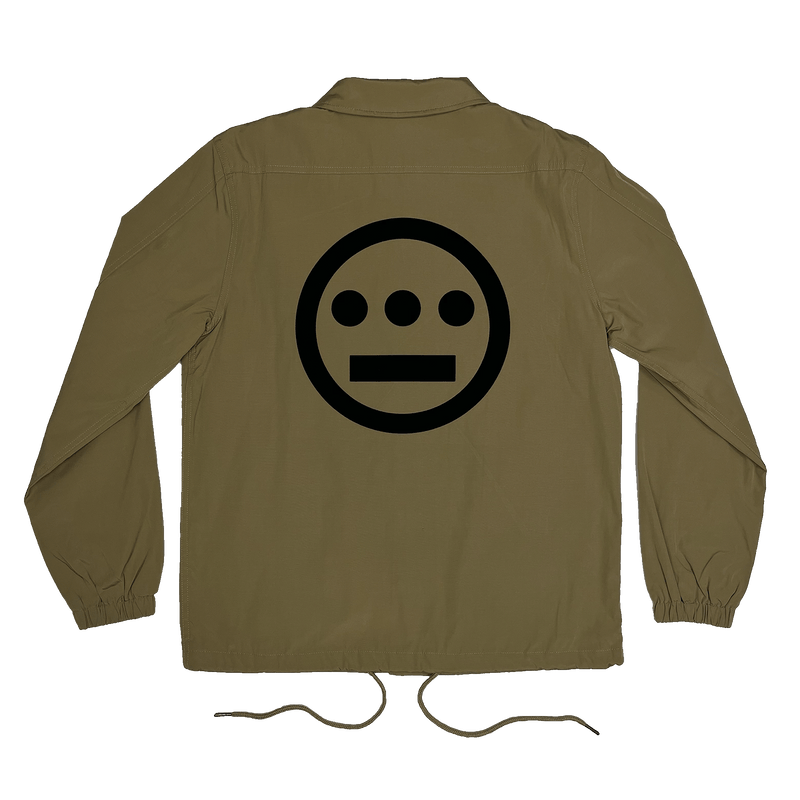 Backside view of khaki coaches jacket with waist strings with large Hiero hip-hop logo printed in black ink.