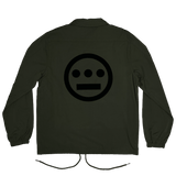 Back side of Olive coaches jacket with waist strings with large Hiero logo printed in black ink.