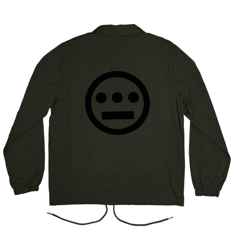 Back side of Olive coaches jacket with waist strings with large Hiero logo printed in black ink.