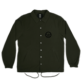 Olive coaches jacket with snap closure, collar, and drawstring waist and Hiero logo printed in black ink on front left chest.