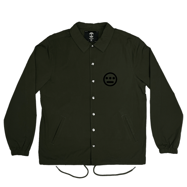 Olive coaches jacket with snap closure, collar, and drawstring waist and Hiero logo printed in black ink on front left chest.