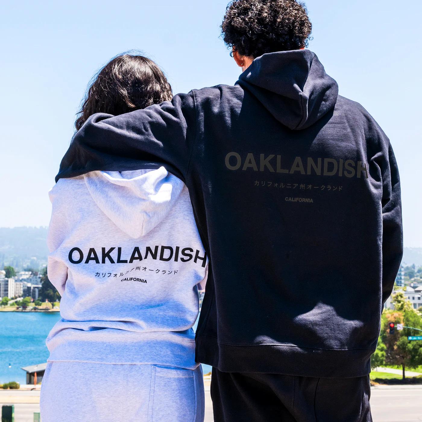 Two individuals in hoodies stand with their backs to the camera, admiring a picturesque view of a lake and trees. The unisex Modern Type Hoodie on the left is light gray, while the one on the right is black, both featuring the iconic Oaklandish logo and made from cozy organic cotton.