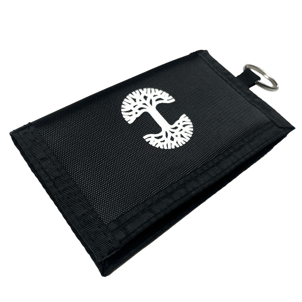 Black zippered wallet key chain with white Oaklandish tree logo.