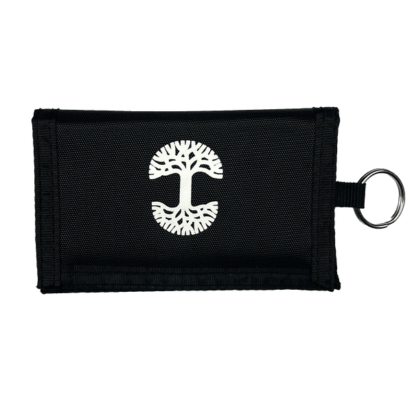 Front view of black zippered wallet key chain with white Oaklandish tree logo.