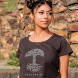 Women with hair up and earrings wearing scoopneck coal dark grey tee with Oaklandish tree print in white.