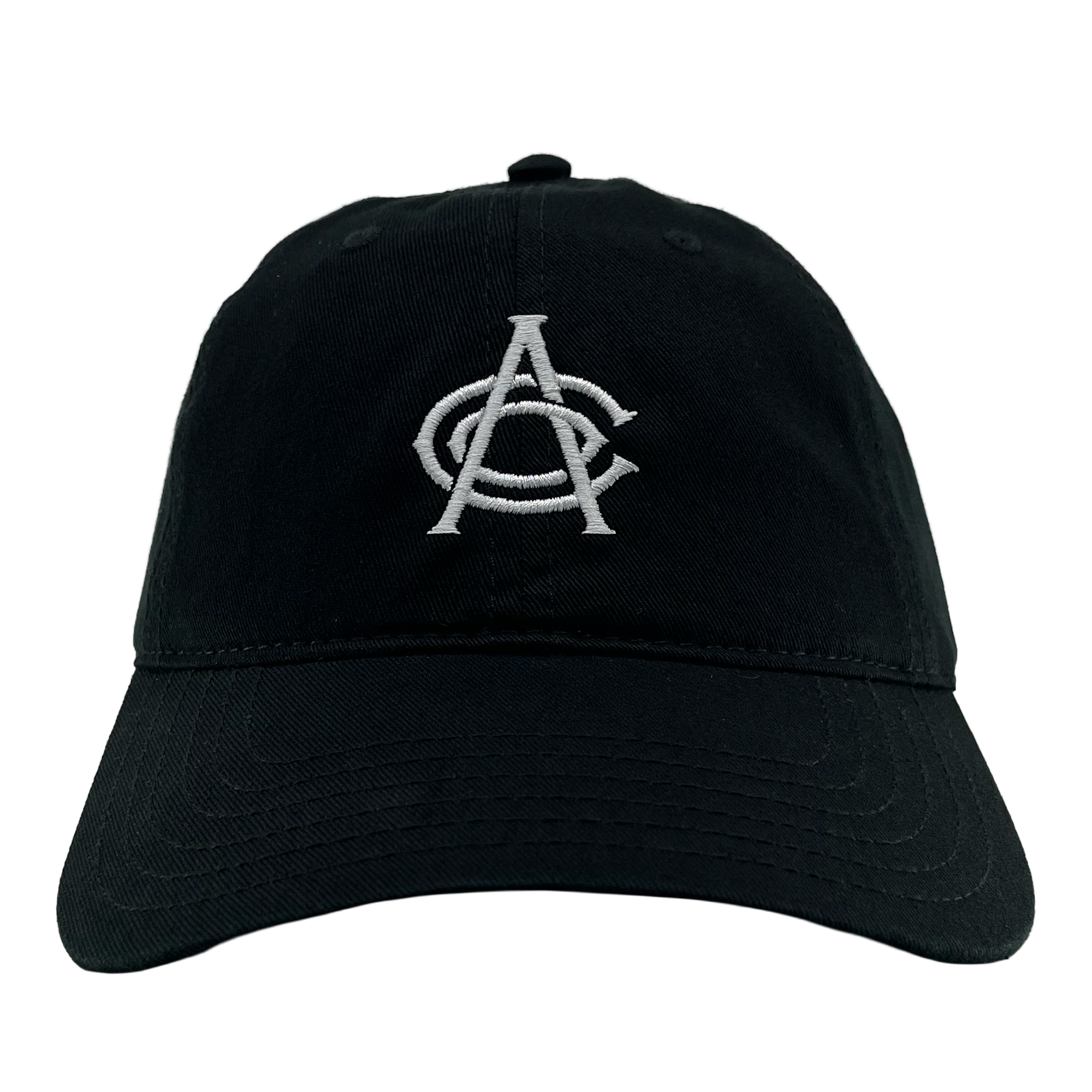 The OAC Logo Dad Hat by OAC is a black dad hat with white embroidered overlapping letters “A” and “C” on the front, symbolizing the Oakland Athletic Club. It features visible stitching along the slightly curved brim and includes an adjustable strap at the back. The product is shown against a plain white background.