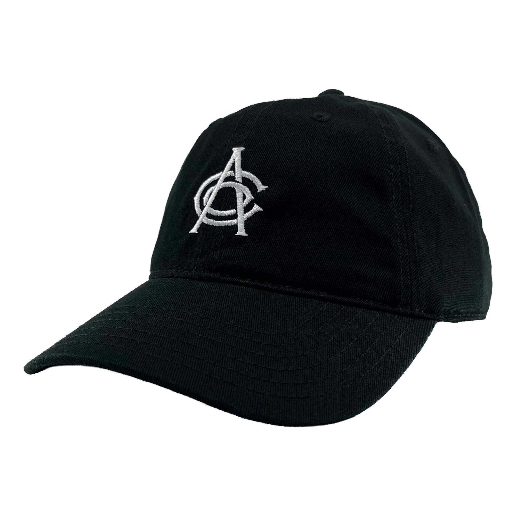 The OAC Logo Dad Hat by OAC is a black cap with a curved brim, highlighted by a white embroidered overlapping “A” and “C” logo on the front, inspired by the Oakland Athletic Club. Displayed against a plain white background, the hat is angled slightly to the left to showcase its front and side panels as well as an adjustable strap at the back for a comfortable fit.