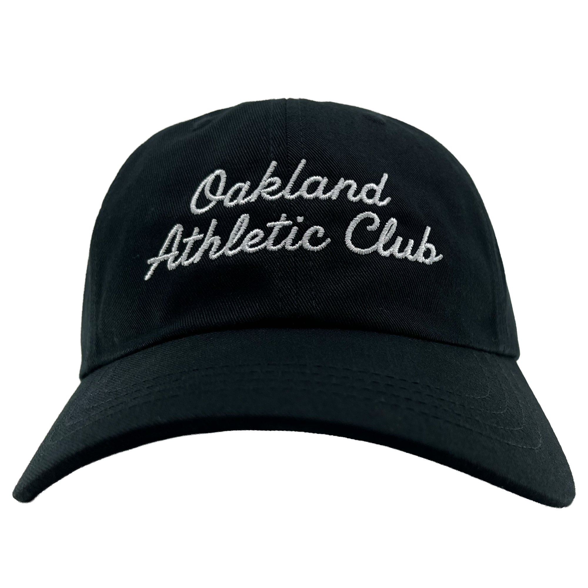 A front view of the OAC Script Dad Hat by OAC, in black, featuring “Oakland Athletic Club” embroidered in white cursive on the front and an adjustable back strap, set against a plain white background.
