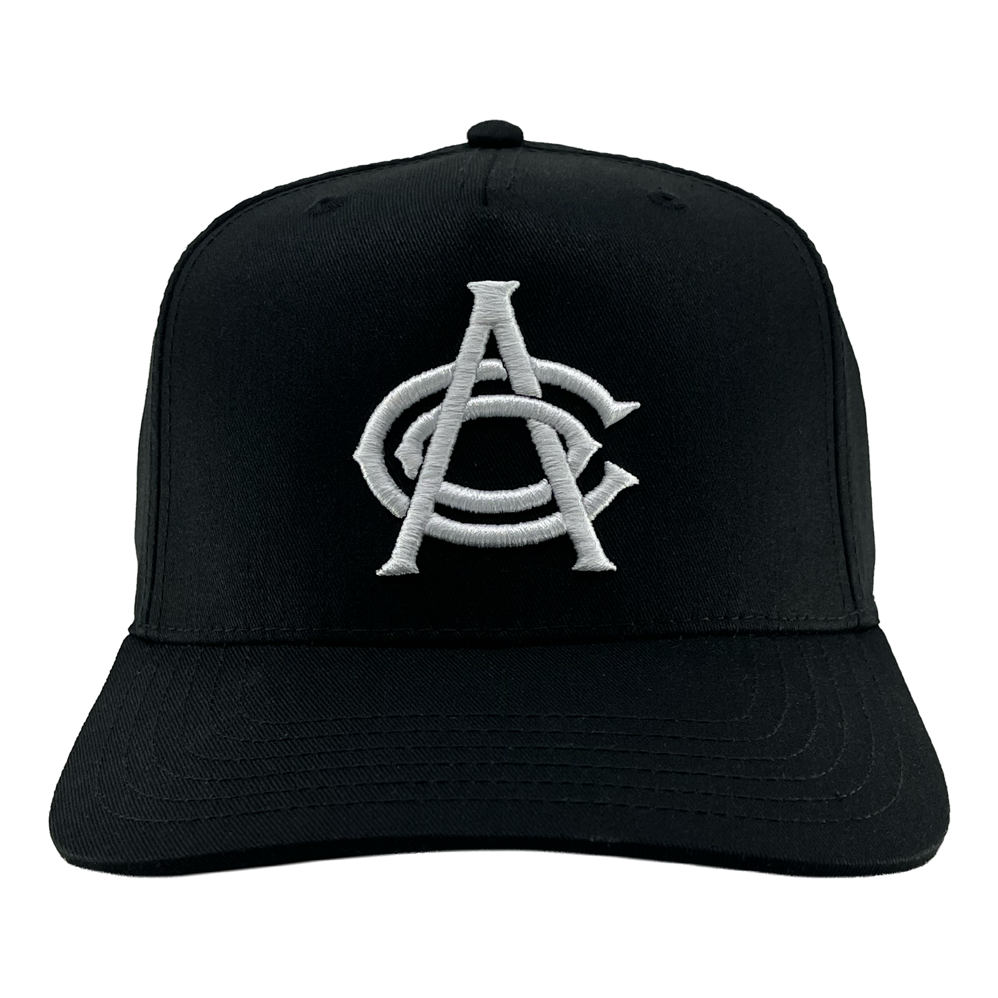 Introducing the OAC Logo 5 Panel by OAC—a black snapback cap featuring a white embroidered logo of interlocking “A” and “C” letters in a bold, stylized font, representing the Oakland Athletic Club. This cap is designed with a curved brim and visible stitching on both the bill and crown, showcased against a plain white background.