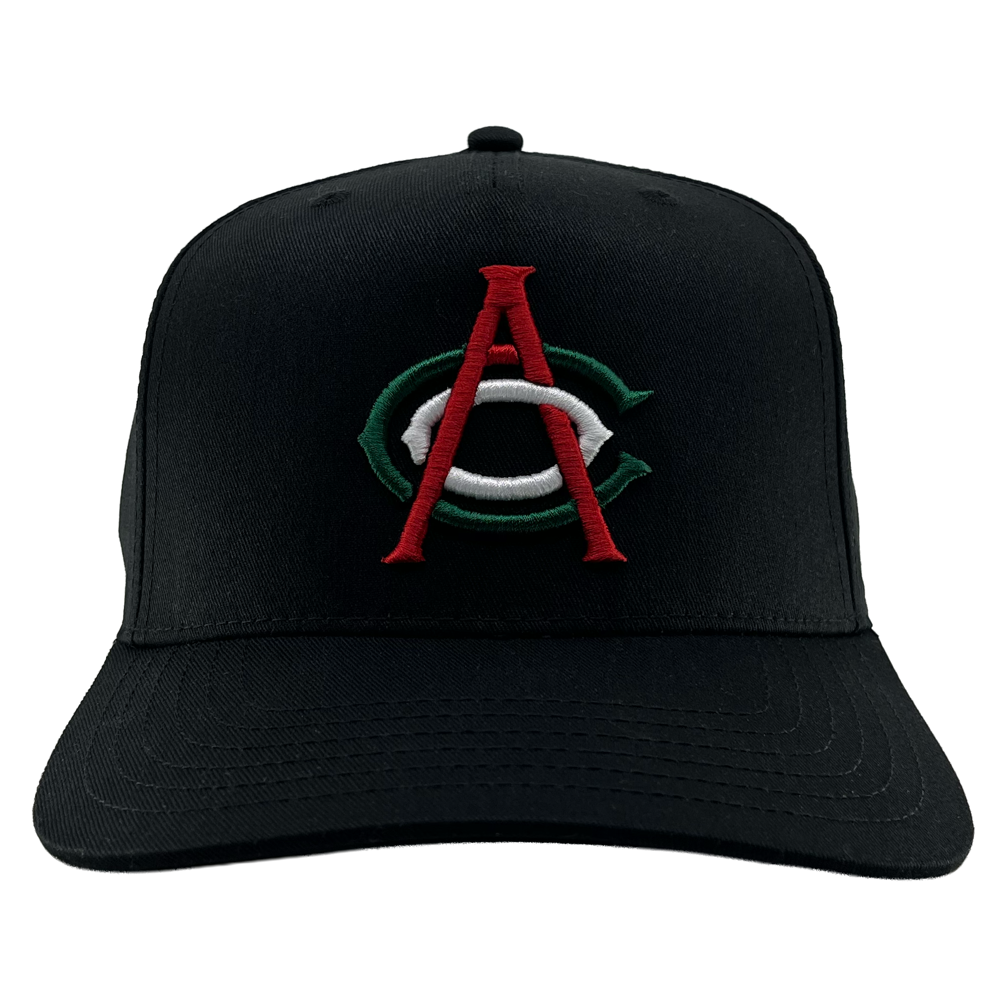 The OAC Logo 5 Panel by OAC is a black snapback cap with a curved brim, featuring an embroidered green and white “C” overlaid by a red “A” on the front to represent the Oakland Athletic Club. The cap is photographed facing forward against a plain white background.