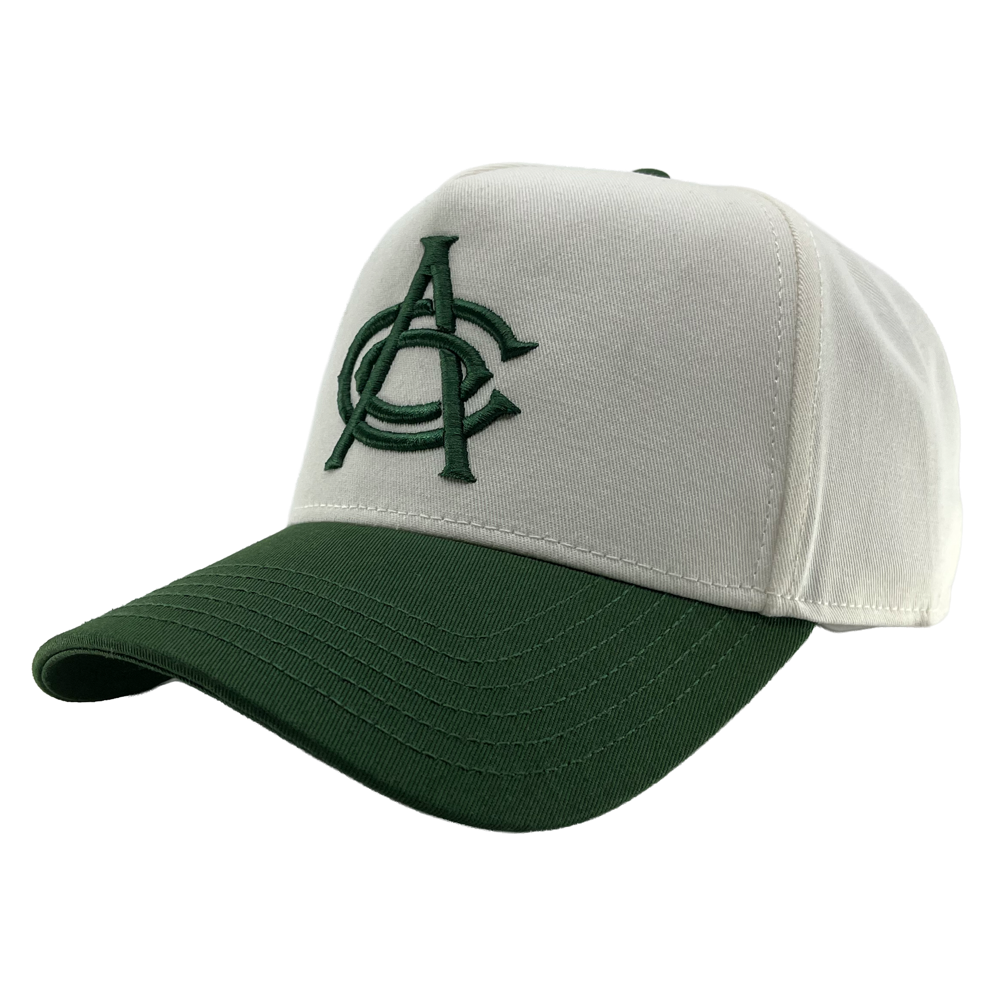 The OAC Logo 5 Panel by OAC is a white snapback cap with a dark green brim, featuring an embroidered green interlocked “A” and “C” logo on the front for the Oakland Athletic Club. Visible stitching accents the bill and crown, and it’s shown against a plain white background.