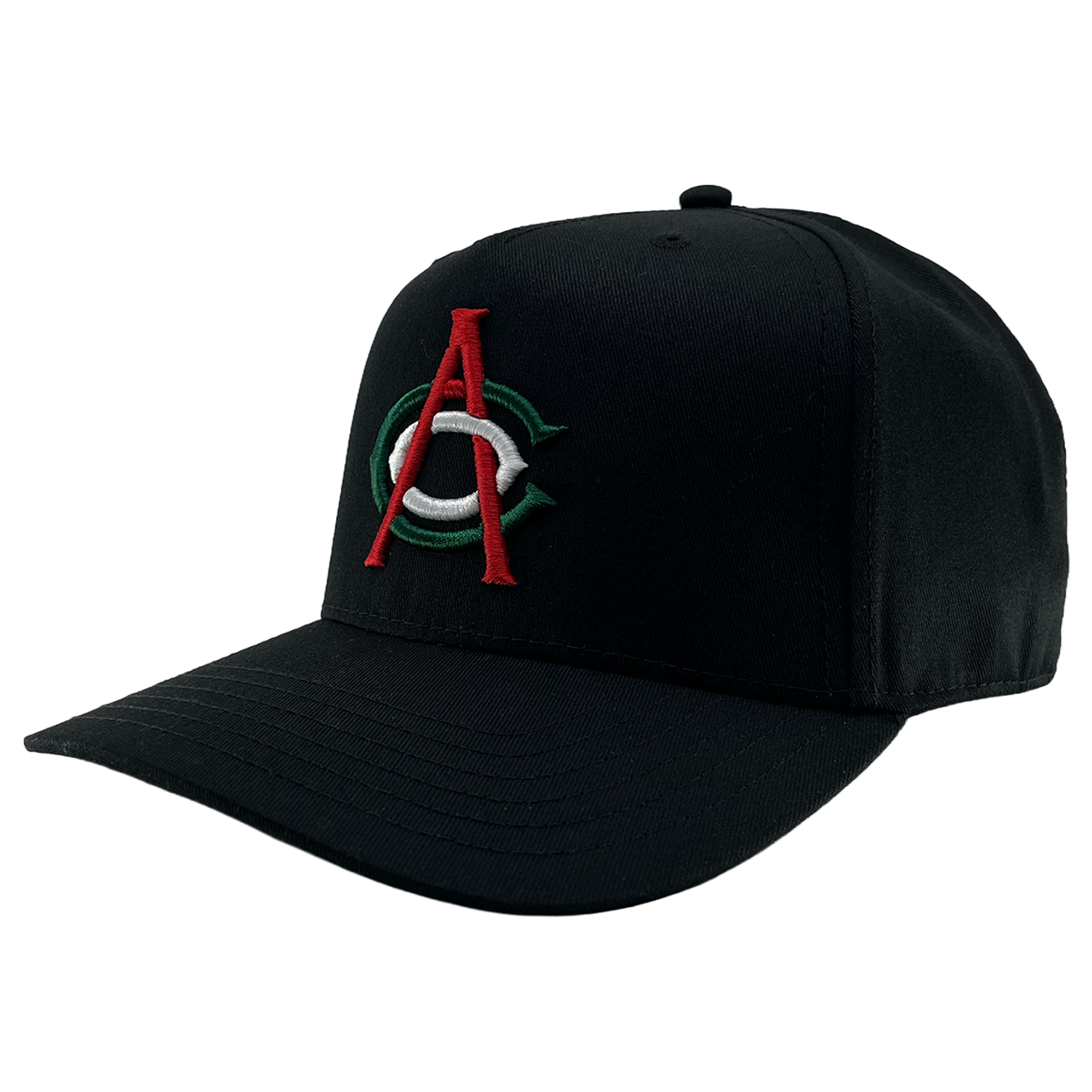 The OAC Logo 5 Panel by OAC is a black snapback cap with a structured crown and curved brim, featuring an embroidered front logo of a bold red “A” layered over a green and white “C,” representing the Oakland Athletic Club. The cap is photographed against a plain white background.