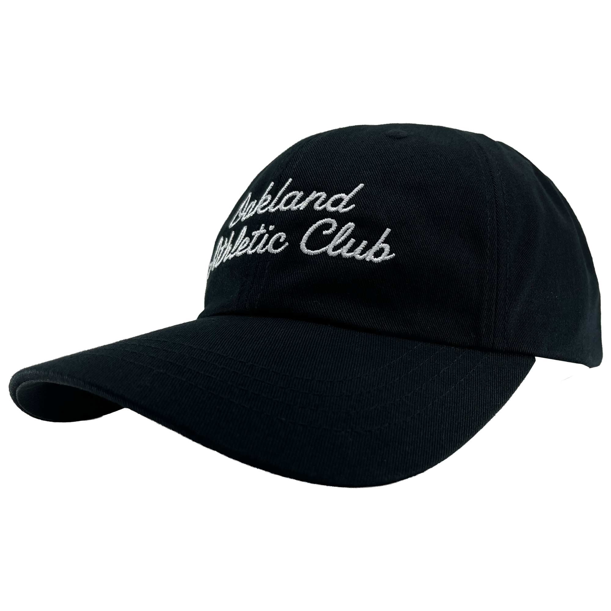 The OAC Script Dad Hat by OAC is a black dad hat with a curved brim, featuring “Oakland Athletic Club” embroidered in white cursive across the front. Designed for a customizable fit with its adjustable strap, the cap is photographed on a plain white background and angled to highlight both the brim and the detailed embroidery.