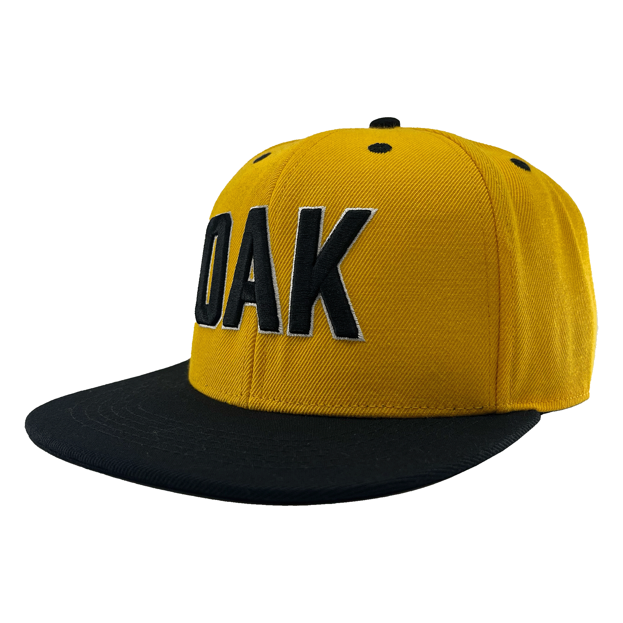 Angled side view of a yellow hat with a black flat bill, black embroidered details, and embroidered OAK block text on the front crown.