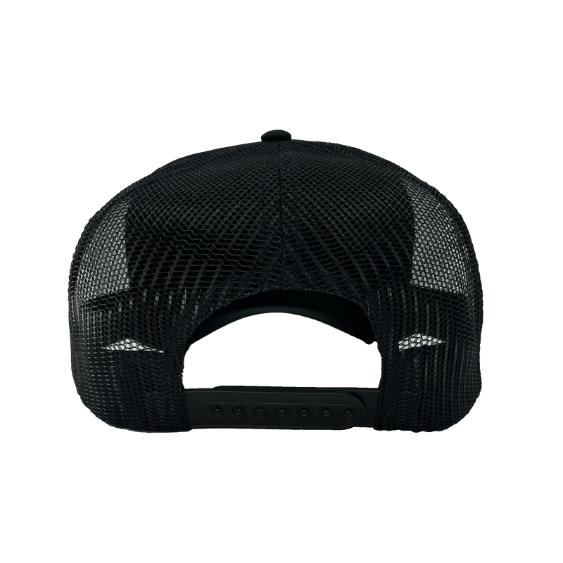 Back view of the mesh backing and adjustable closure on a black Oaklandish trucker cap.