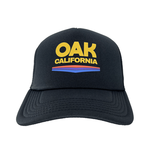 Front view of black truckers cap with color Oak California graphic on front foam panel with curved brim.