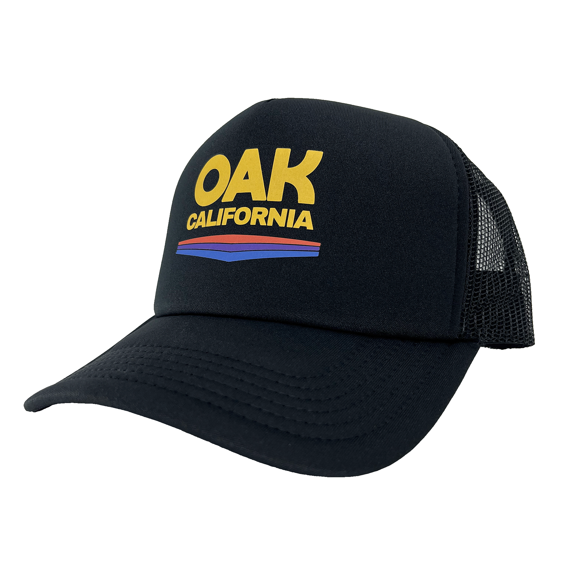 Side view of black truckers cap with color Oak California graphic on front foam panel with curved brim.