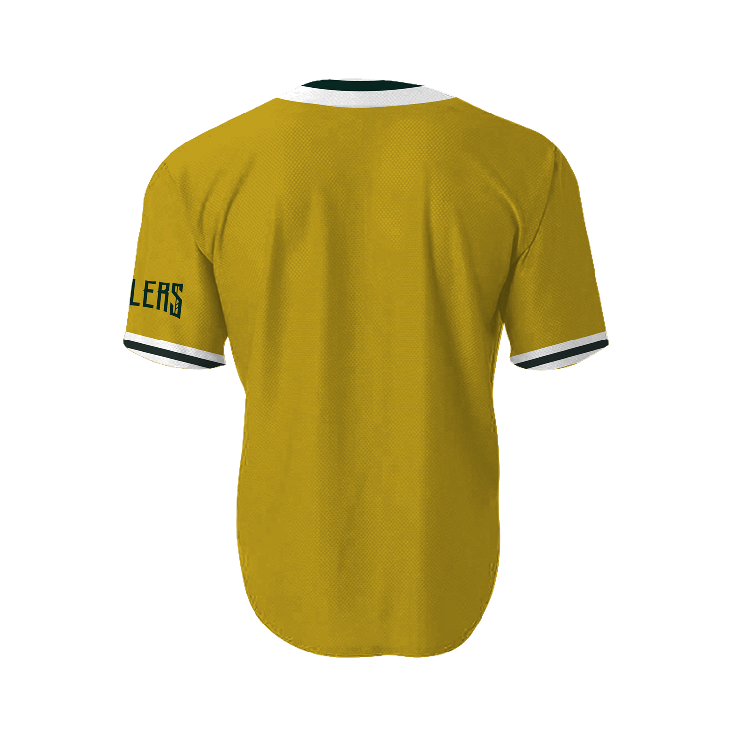 The Oakland Ballers Alternate Jersey is a yellow baseball jersey featuring white and black trim on the sleeves and collar. "OAKLAND BALLERS" is displayed in stylized black letters on the left sleeve, reminiscent of replica jerseys from the Pioneer League. The fabric seems lightweight, giving it a simple and sporty look.