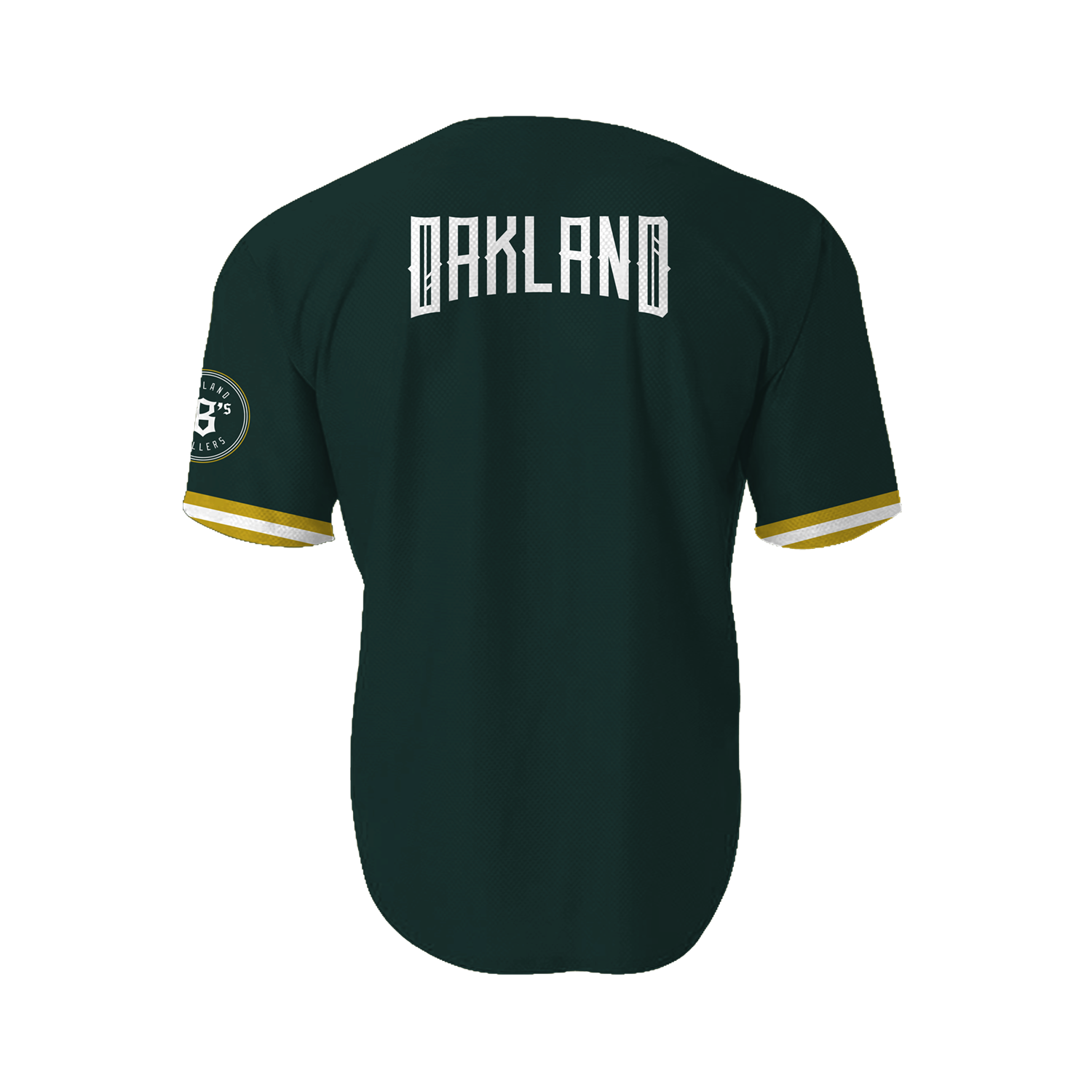 The Oakland Ballers Away Jersey is a green athletic replica jersey featuring "OAKLAND" in white block letters across the back. The sleeves have gold and white stripes, and the right sleeve sports a circular logo with "A's" in the center, encircled by the text "WHITE ELEPHANT." It's perfect for any Oakland Ballers fan.