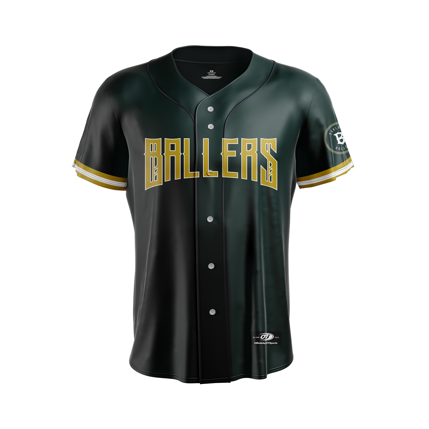 The Oakland Ballers Away Jersey is a black and dark green short-sleeved baseball jersey featuring "BALLERS" in yellow and white block letters across the chest. It mimics those of the Oakland Ballers from the Pioneer League, with yellow and white trim on the sleeves, a "B" patch on the left sleeve, and buttons down the front.