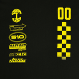 Close-up of yellow race car-inspired design and Oaklandish tree logo on a black t-shirt. 